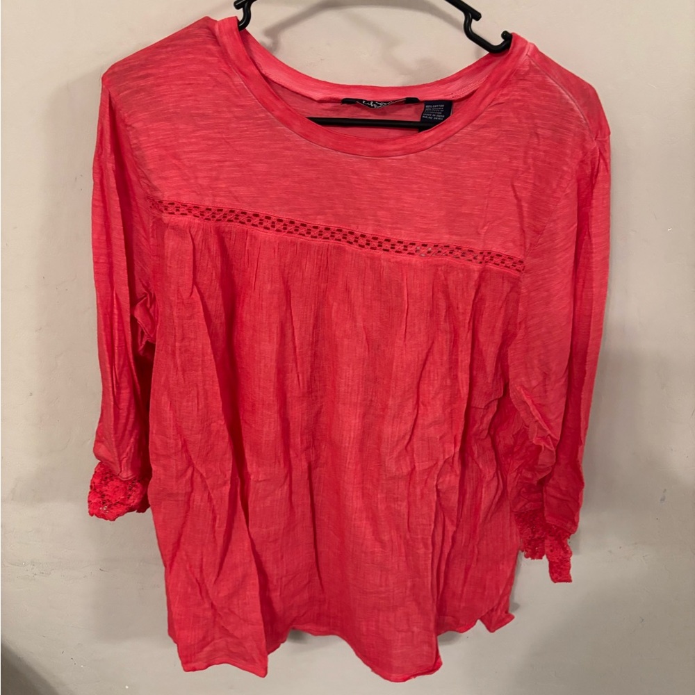 Coral Pink Lace-Trim Peasant Blouse - Women's